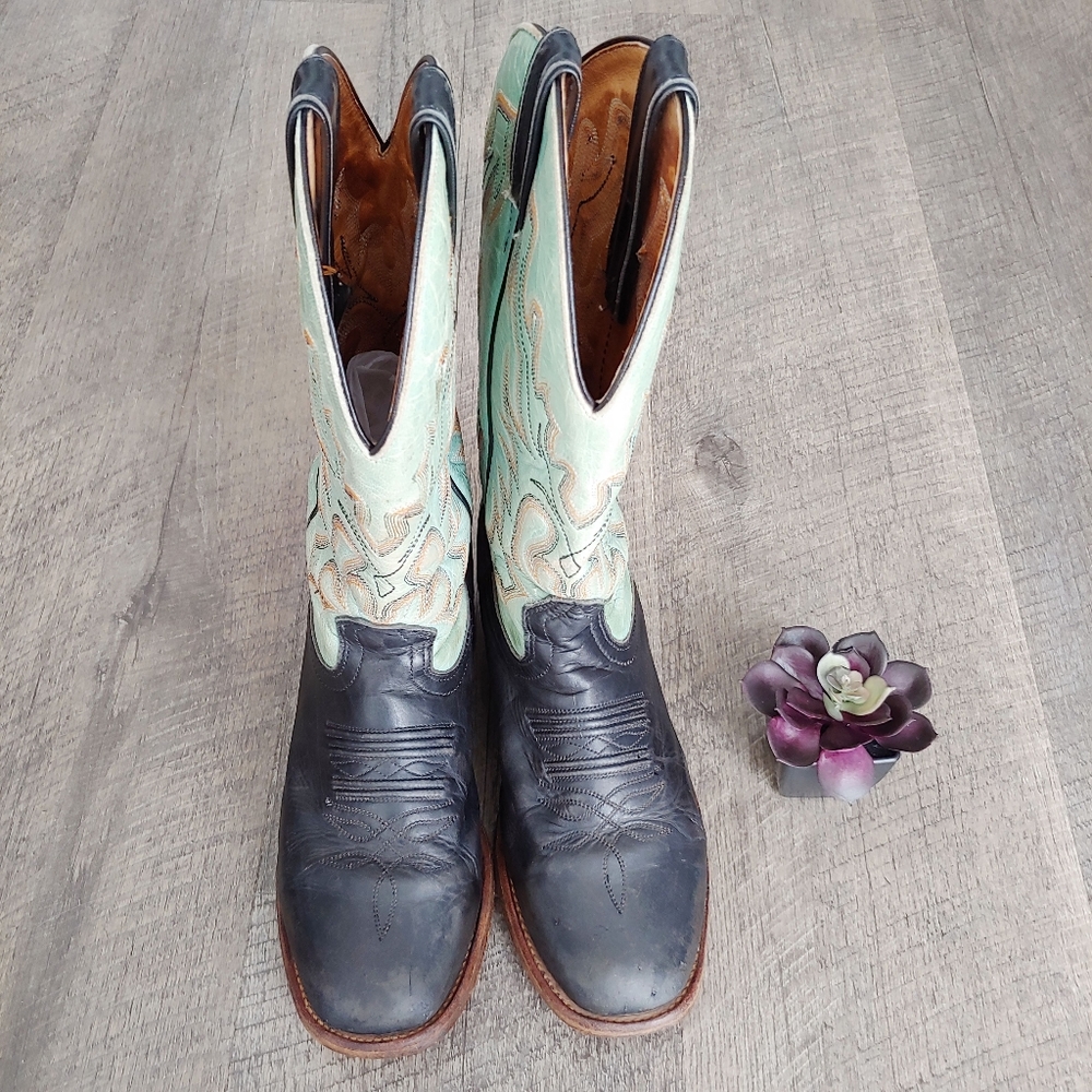 Boulet Cowgirl Green/Black Design Leather Boots - Picture 3 of 5